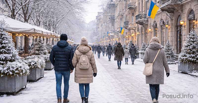 Зимова вулиця українського міста зі снігом, морозною погодою та людьми в теплому одязі.