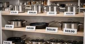 Вітрина магазину кухонного посуду з цінниками