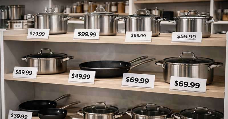 Вітрина магазину кухонного посуду з цінниками