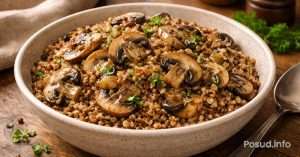 Гречка з обсмаженими грибами та цибулею