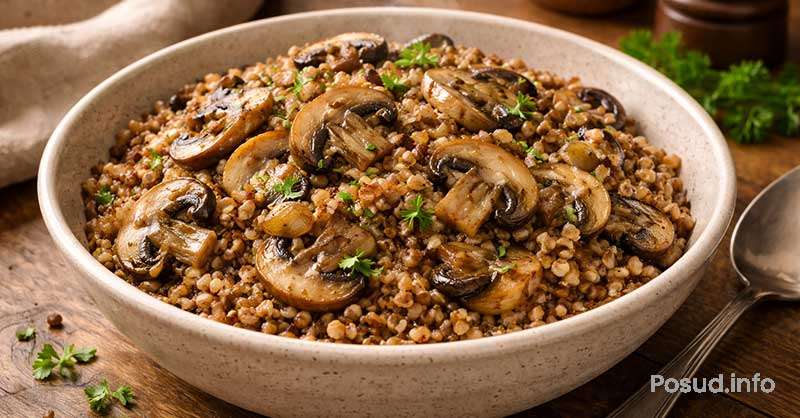 Гречка з обсмаженими грибами та цибулею