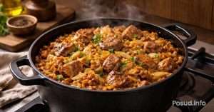 Тушкована капуста з м’ясом у чавунній каструлі