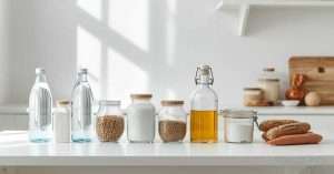 Запаси їжі та води на кілька днів у світлій сучасній кухні