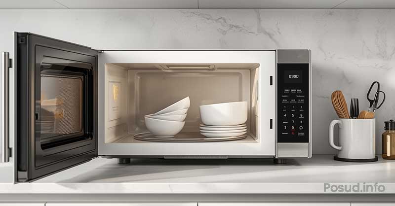 Посуд зі скла та кераміки в мікрохвильовій печі на домашній кухні